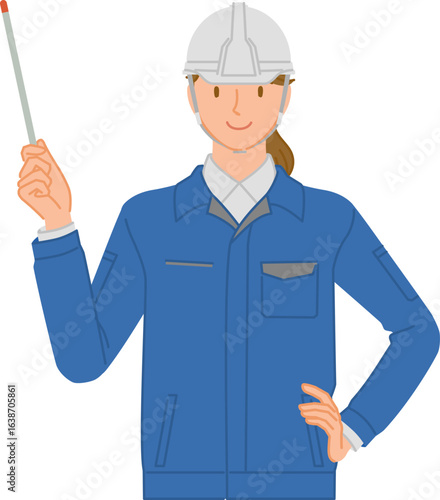 ビジネスイメージ：笑顔の若い女性（作業服とヘルメット）：指示棒を持つ