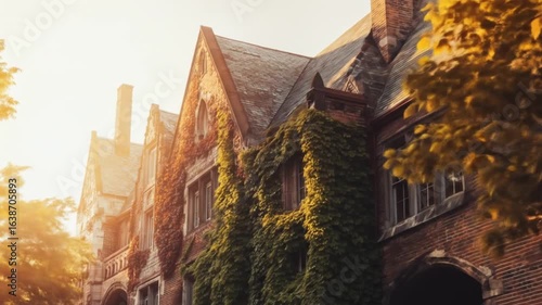 Ivy League Architecture: Beautiful historic brick building covered in climbing vines during golden hour