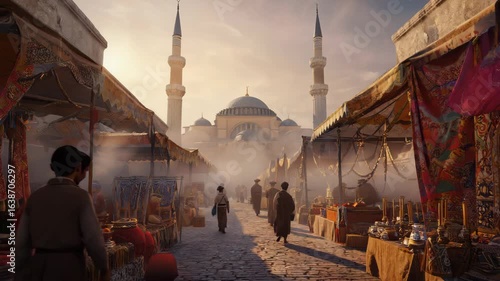 Sunlit souk with textiles and brassware, mosque and minarets