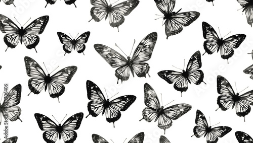 A repeating pattern of detailed, monochrome butterflies scattered across a white background.