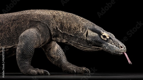 A Komodo dragon, predominantly dark gray and brown, is captured in profile view against a stark black background. Its thick, scaly skin, powerful limbs, and 