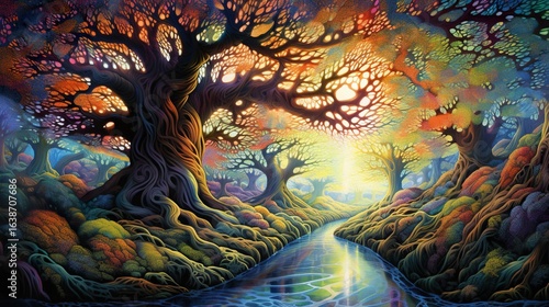 Moonlight Forest Landscape, Fine Painting Art