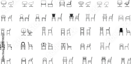 2d vector collection of chair front and side view with black and white outline color