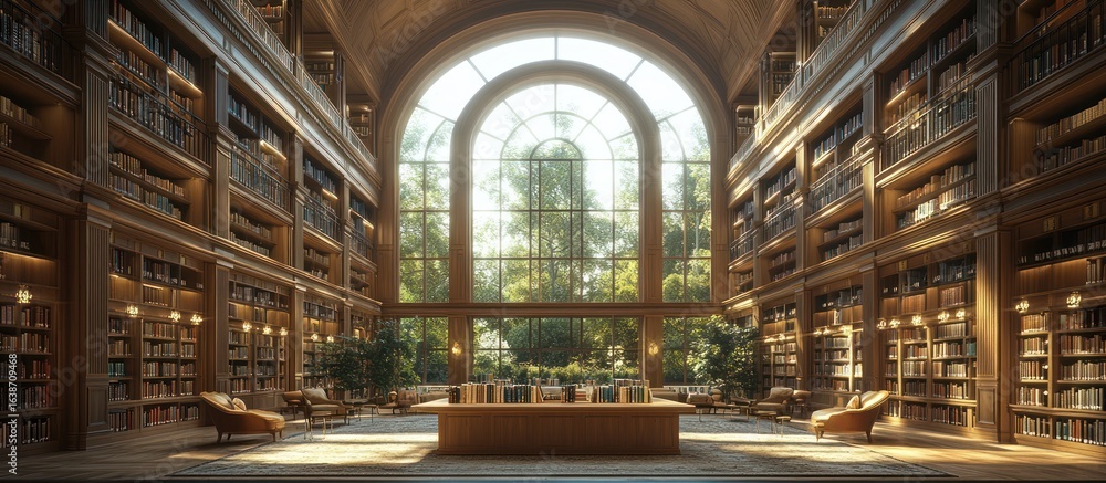 Obraz premium Luxurious, sunlit library with arched windows.