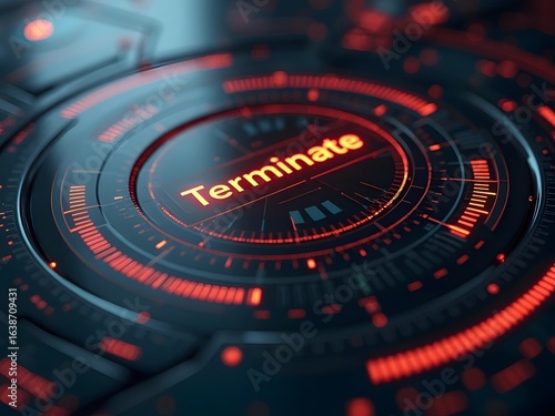 Wallpaper Mural Futuristic interface displays the word Terminate in glowing orange lettering, horizontal composition. The circular design features concentric rings of red and black. Torontodigital.ca