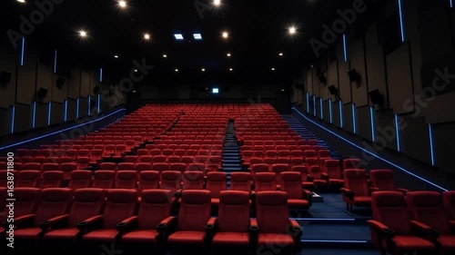 Empty theater interior with red seats rows and dim lighting