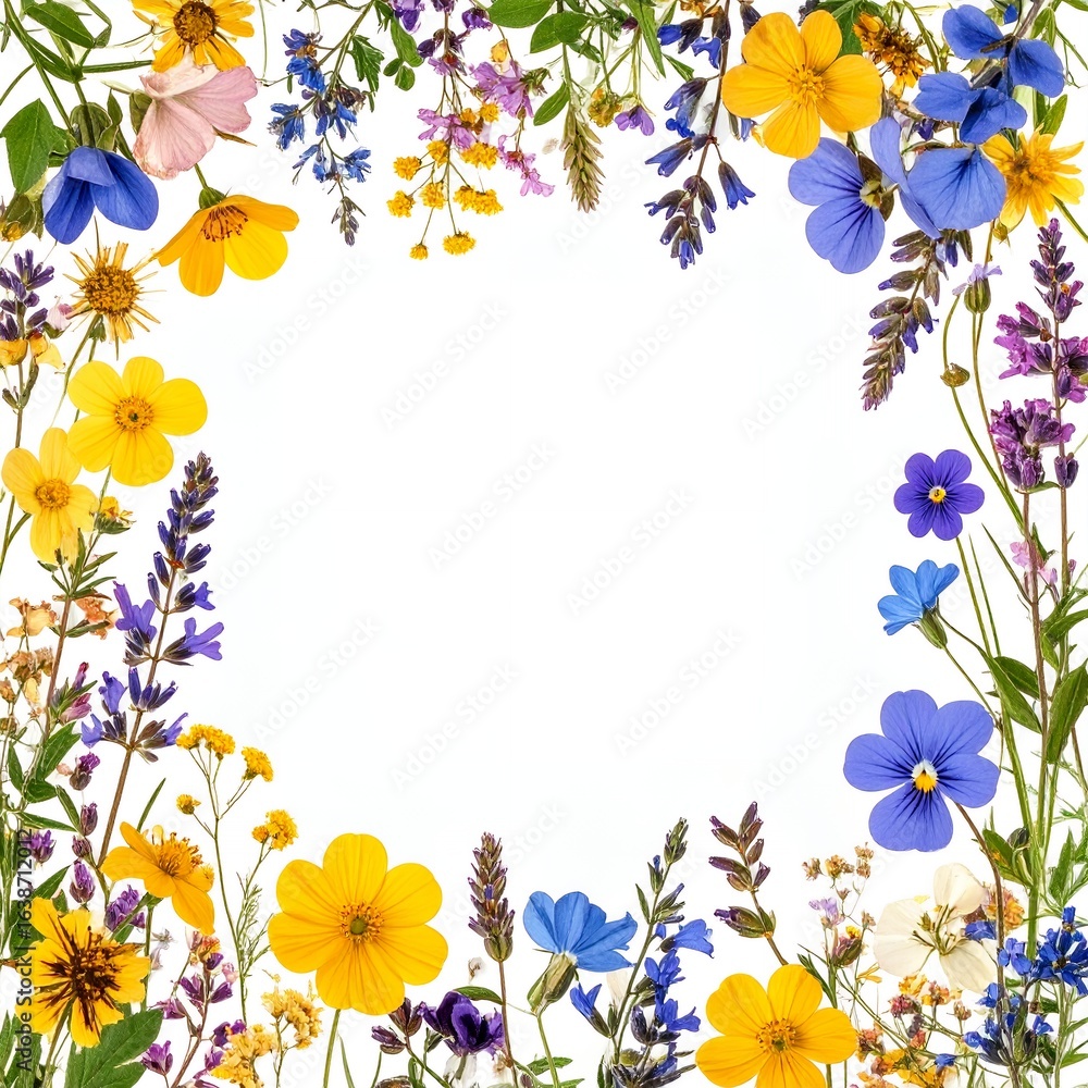 Obraz premium 黄色、青、紫の花が彩るカラフルな野花の四角いフレーム