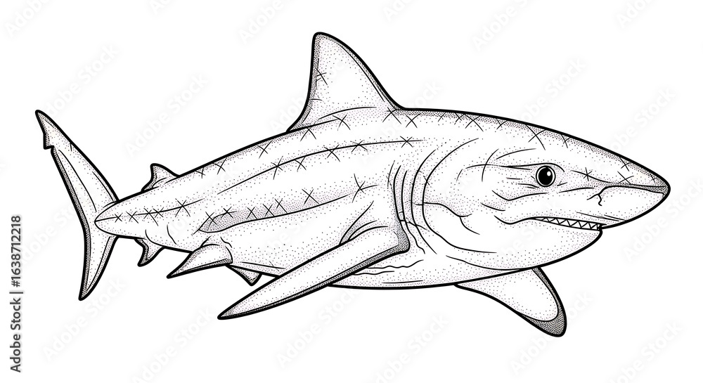 Obraz premium Detailed black and white line art illustration of a fierce swimming shark.
