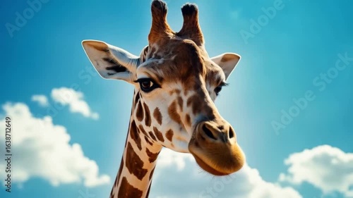A close up shot of a giraffe against a blue sky filled with white fluffy clouds overhead view animal video