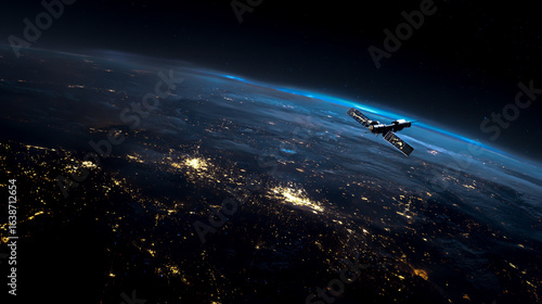 A satellite in space, seen from the Earth's surface with city lights on it. The Earth is visible as an entire planet. A small spacecraft flies near to it