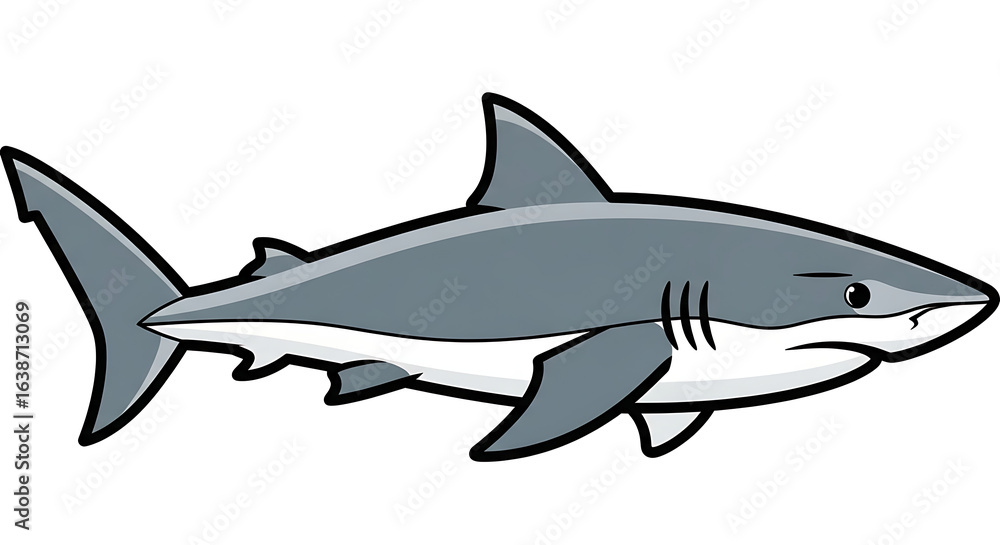 Fototapeta premium A side profile illustration of a gray and white cartoon shark with a determined expression.
