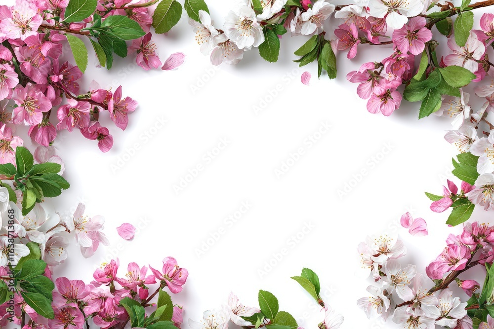 Obraz premium Delicate spring blossoms arranged in a frame, soft pink and white flowers, green leaves, white background