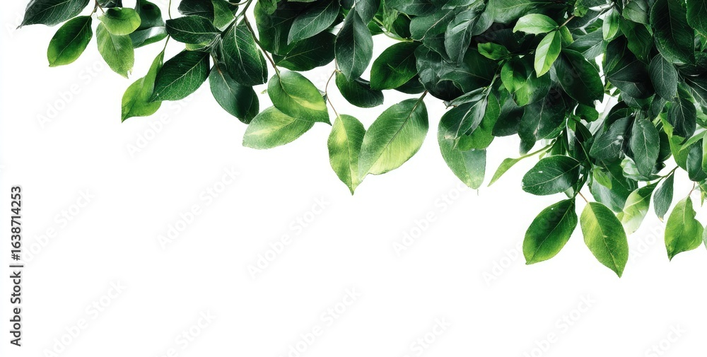 Fototapeta premium Fresh green leaves cascading over a white background (1)