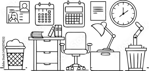 Office desk items including calendar clock chair lamp and trash cans vector