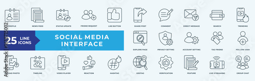 Social Media Interface icon collection set with profile, news feed, status update, friend request, like button
