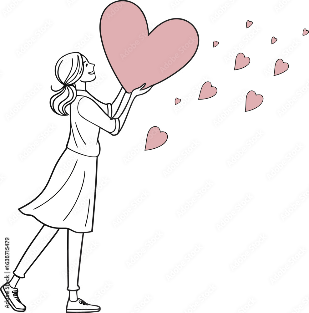 Woman holding a big heart and releasing small hearts isolated on a white background Woman holding a big heart and releasing small hearts isolated on a white background