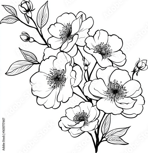 Delicate black and white floral bouquet.  A detailed line drawing of flowering branches with blossoms and leaves.  Soft, elegant lines create a sense of spring