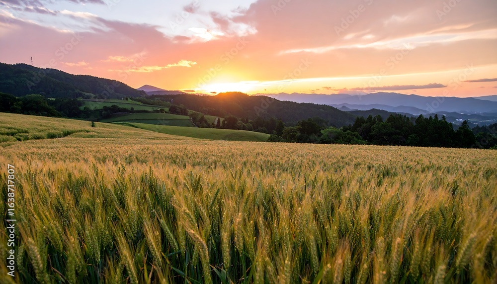 Obraz premium Golden wheat field at sunset over rolling hills.