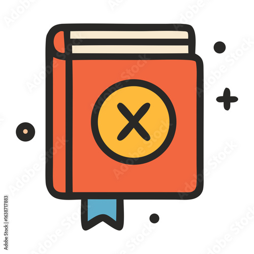 Red book with yellow circle and cross symbol on black background