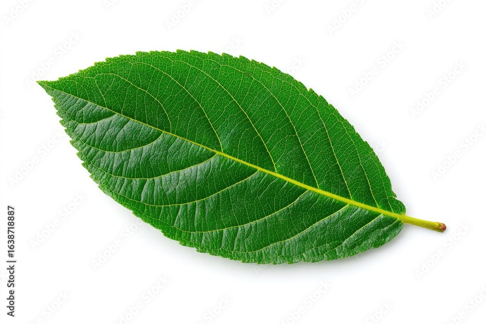 Obraz premium Single vibrant green leaf, oval shape, detailed veins