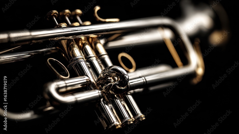 Fototapeta premium Close-up shot of a shiny silver and gold trumpet against a dark background