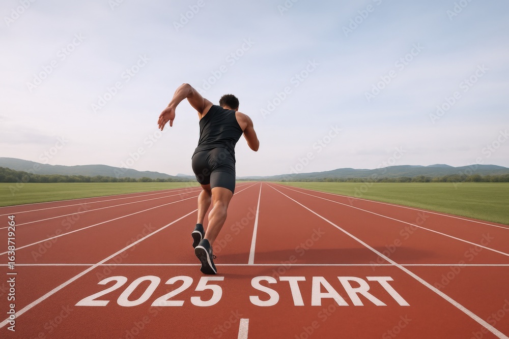 Obraz premium Athlete Sprinting on Track Marked with 2025 Start Line, Symbolizing New Year Goals and Aspirations