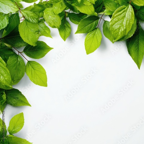 Fresh green leaves form a corner frame on a white background