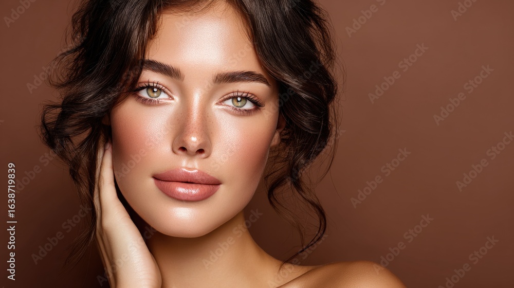 Naklejka premium Elegant Woman with Glowing Skin, Natural Makeup, and Beautiful Hairstyle on Brown Background