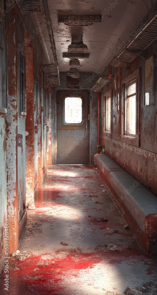 Fototapeta premium Rusty train corridor, blood-stained floor