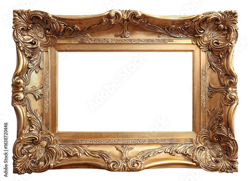 Ornate gold leaf wood frame isolated on a white or transparent background. 3:2 ratio for photo, image, picture, art, or painting.