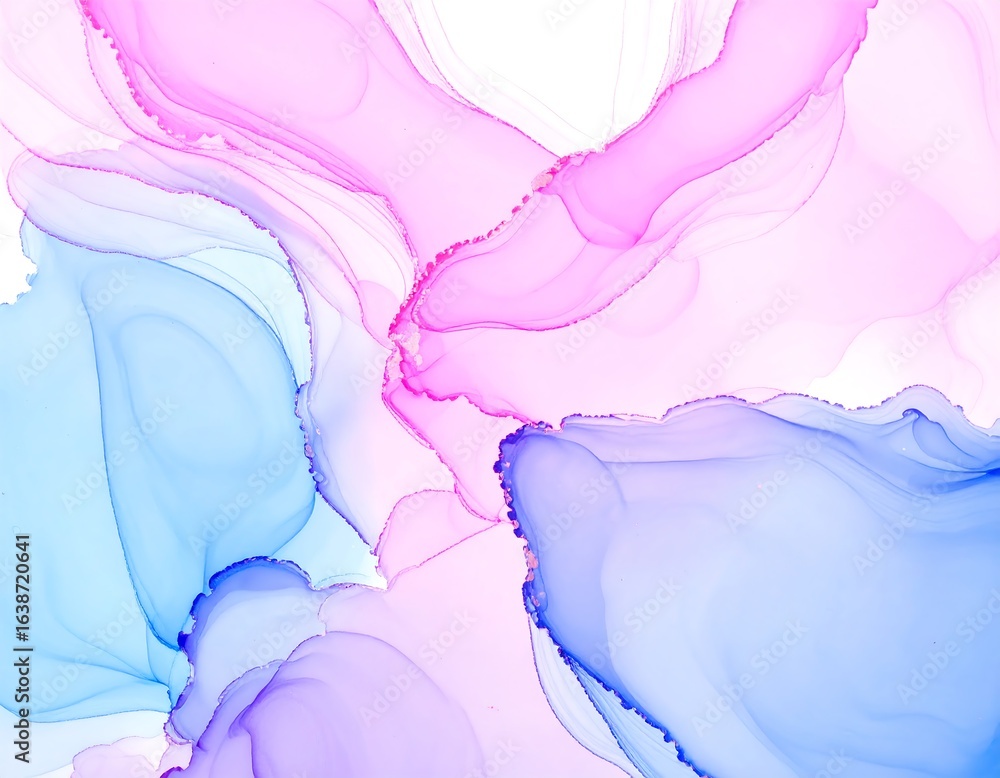 Fototapeta premium Abstract watercolor painting featuring flowing shapes in shades of pink and blue on white background