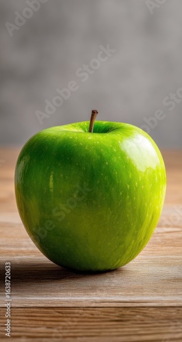 A vibrant green apple rests on a light brown wooden surface