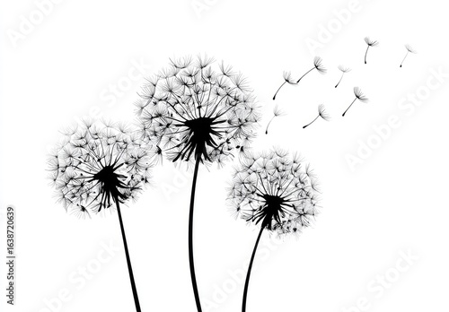 Wallpaper Mural Three dandelion silhouettes, light gray seed heads, in flight, against a pure white background Torontodigital.ca