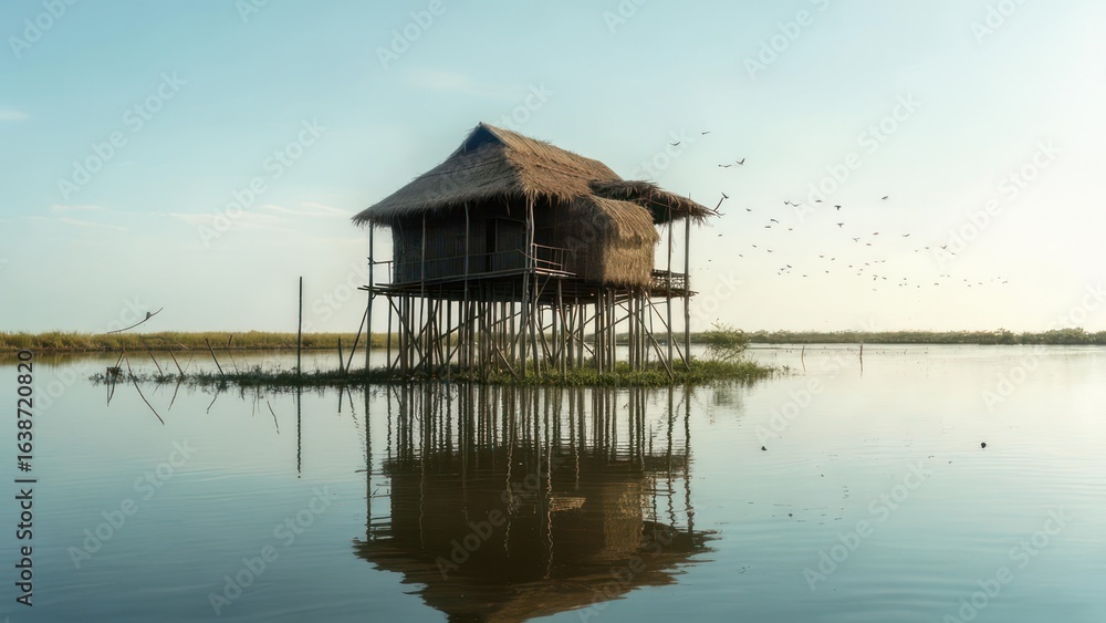 Obraz premium Solitary Thatched Stilt House Reflecting on a Glassy Lake with Birds