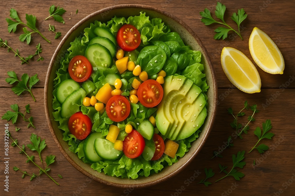 Fresh and colorful vegetable salad, featuring crisp greens and vibrant produce, ideal for healthy eating, lifestyle, and culinary concepts. Fresh and colorful vegetable salad, featuring crisp greens and vibrant produce, ideal for healthy eating, lifestyle, and culinary concepts.