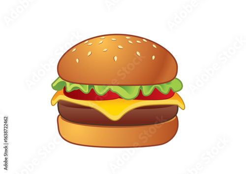 Classic hamburger with fresh lettuce, tomato, and melted cheese stacked high in a toasted sesame seed bun for a satisfying meal. Food concept