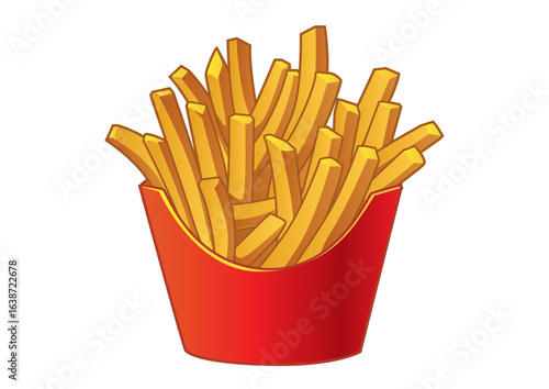Golden crispy fries served in a bright red container, perfect for snacking or sharing at any event. Food concept