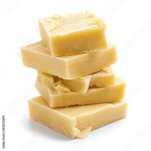 Stacked squares of pale yellow confectionery, possibly milk chocolate, showing fragmented surfaces
