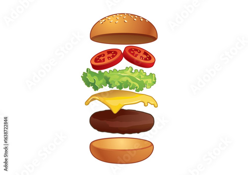 Layered ingredients of a hamburger showcasing fresh vegetables and cheese, perfect for a tasty meal preparation. Food concept