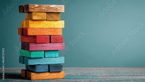 A stack of colorful wooden blocks, various shades, arranged vertically on a rustic wooden surface against a teal backdrop