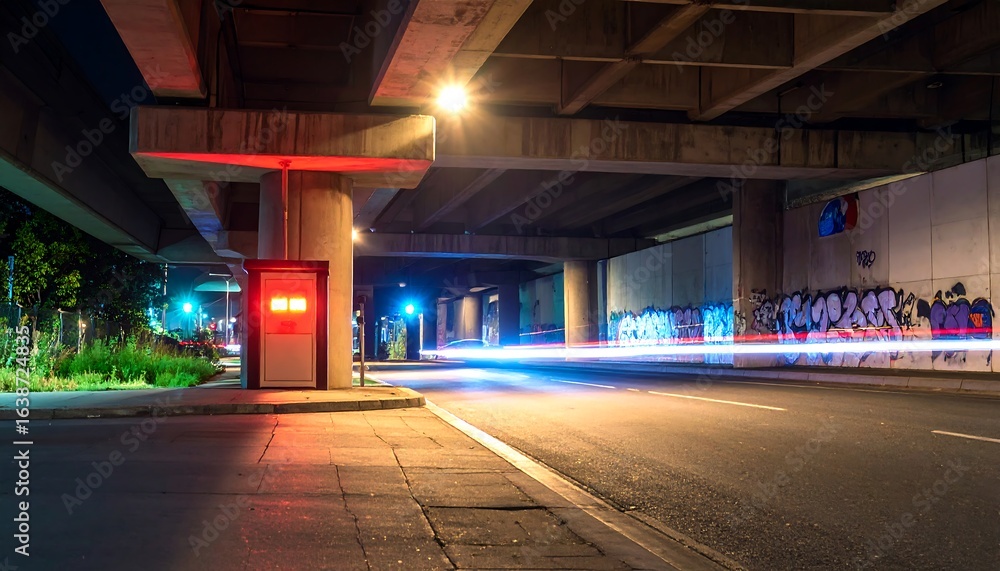 Naklejka premium City Street at Night with Light Streaks Under Overpass
