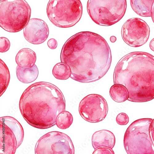 Watercolor pattern of pink bubbles.  Delicate, translucent, and slightly textured pink bubbles of varying sizes, forming a seamless repeating design.  