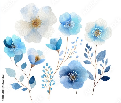 Delicate watercolor floral arrangement in shades of blue and white