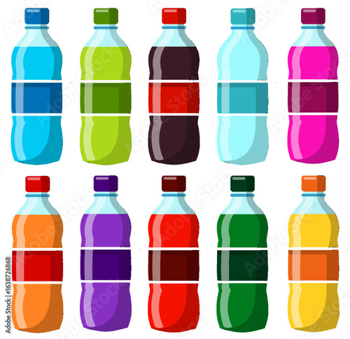 Various type of bottles in colorful colors isolated on white background. Set of soft drinks carbonated water with different flavors in EPS format. Suitable elements for summer and restaurant elements.