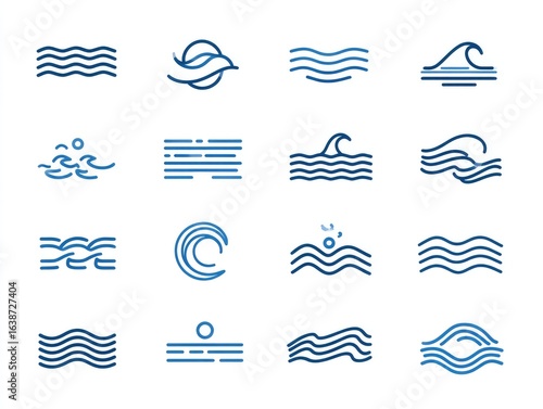 Collection of stylized blue line art water wave and ocean icons