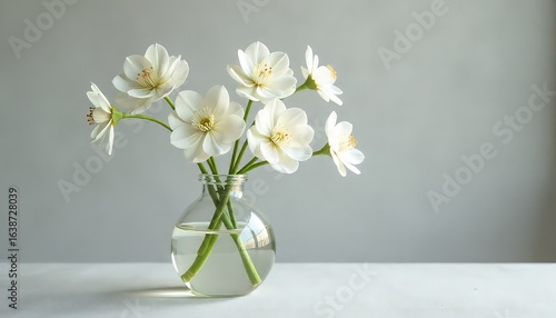 Wallpaper Mural Still life of white flowers in a clear glass vase on a white table against a grey background wall art Torontodigital.ca