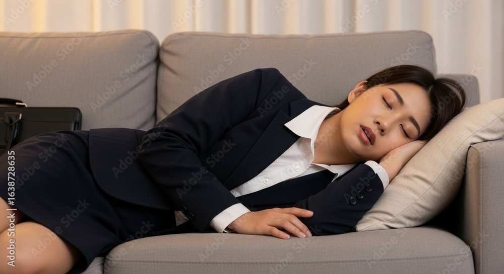 疲労困憊:疲れ果ててソファで眠ってしまった日本人女性 疲労困憊:疲れ果ててソファで眠ってしまった日本人女性