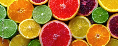 Obraz  z motywem Citrus mosaic of fruit slice concept. Vibrant assortment of sliced citrus fruits for fresh recipes.