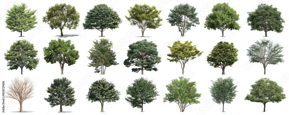 Fototapeta premium Collection of various trees, isolated on white background