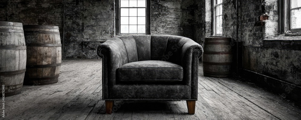 Fototapeta premium Armchair barrel with iron frame concept. A vintage chair in a rustic setting with wooden barrels.